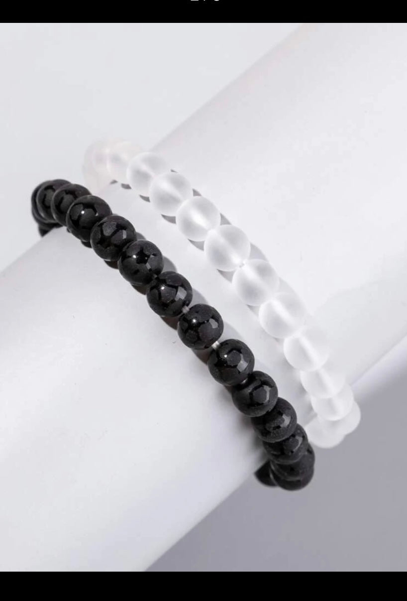Black & Sunset w/ Blue Color Splotches Bead Clear Elastic String Bracelet
